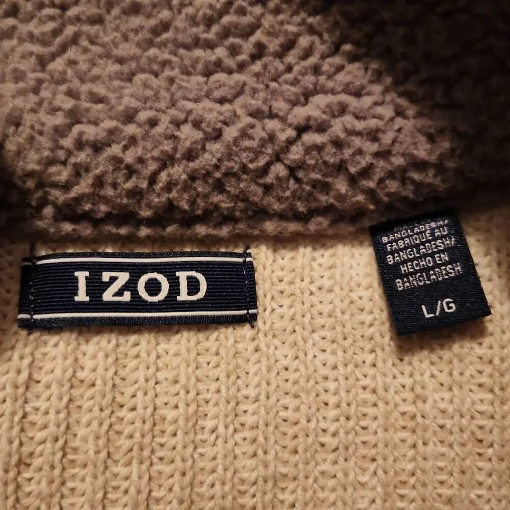 Izod Men's Size Large Cream Gray Sherpa Collar 1/4 Zip Pullover Sweater